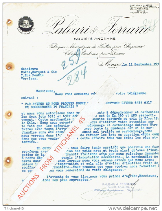 Lettre 1934 MONZA - PALEARI &amp; FERRARI - Fabriques Mécaniques De Feutres Pour Chapeaux - Cloches De Fantaisie Pour Da - Italie