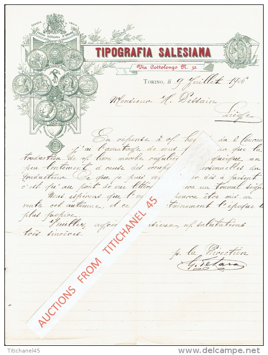 Lettre 1906 TORINO - TIPOGRAFIA SALESIANA - Italie