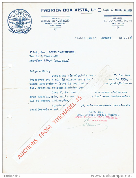 Lettre  1946 LISBOA - FABRICA BOA VISTA - Secçao De Chumbo De Caça - Portugal