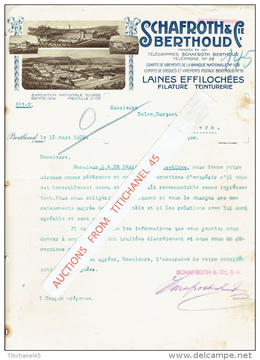 Lettre 1929 BERTHOUD (SUISSE) - SCHAFROTH & Cie à BERTHOUD - Filature-Teinturerie-Laines Effilochées - Suisse