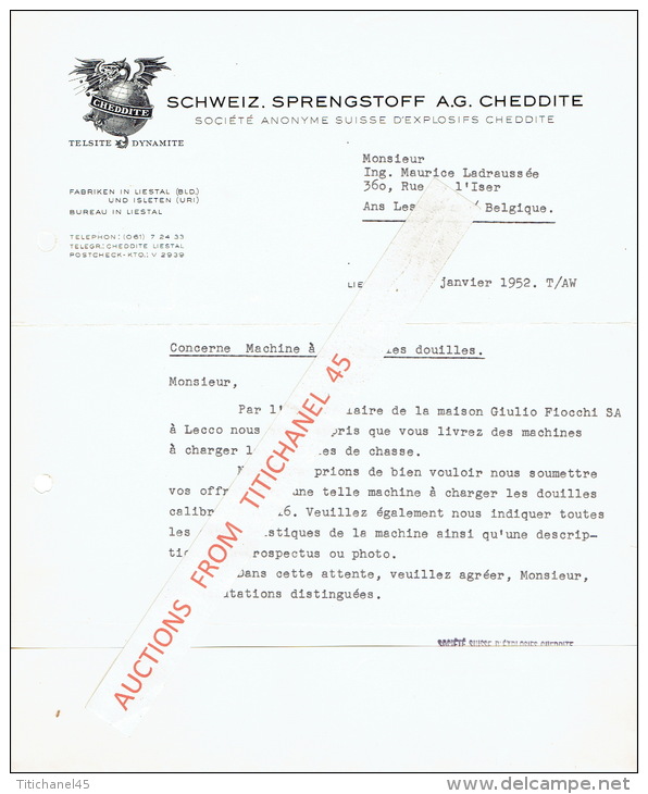 Lettre 1952 LIESTAL (SUISSE) -  SCHWEIZ. SPRENGSTOFF A.G. CHEDDITE - Fabrique D'explosifs Cheddite - Switzerland