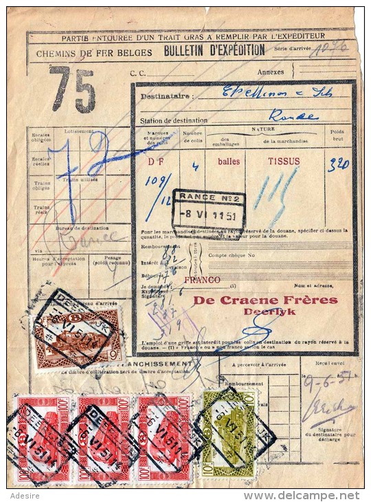 Bulletin D'Exp. 1951 BELGIEN - 5 Fach Frankiert (9+10+100+100+100 F) Von Deerlijk &gt; Charleroi - Briefe U. Dokumente