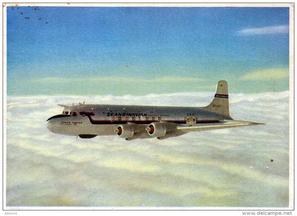 Ak DANMARK 1949 - 3 Fach Frankierung Mit 3 Sonderstempel Auf Ansichtskarte Der Scandinavien Airlines Douglas DC-6, Karte - Briefe U. Dokumente