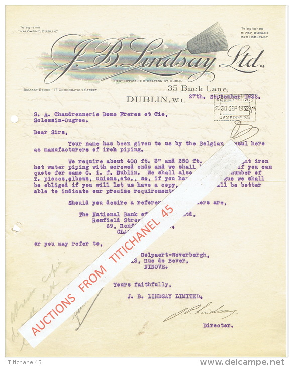 Lettre 1932 DUBLIN - J. B. LINDSAY Ltd - Royaume-Uni