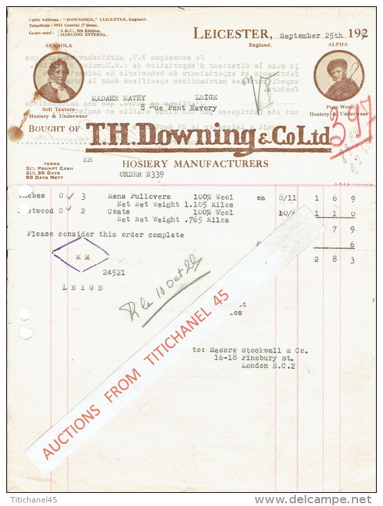 Facture 1925 LEICESTER - T.H. DOWNING &amp; CoLtd - Hosiery Manufacturers - Verenigd-Koninkrijk