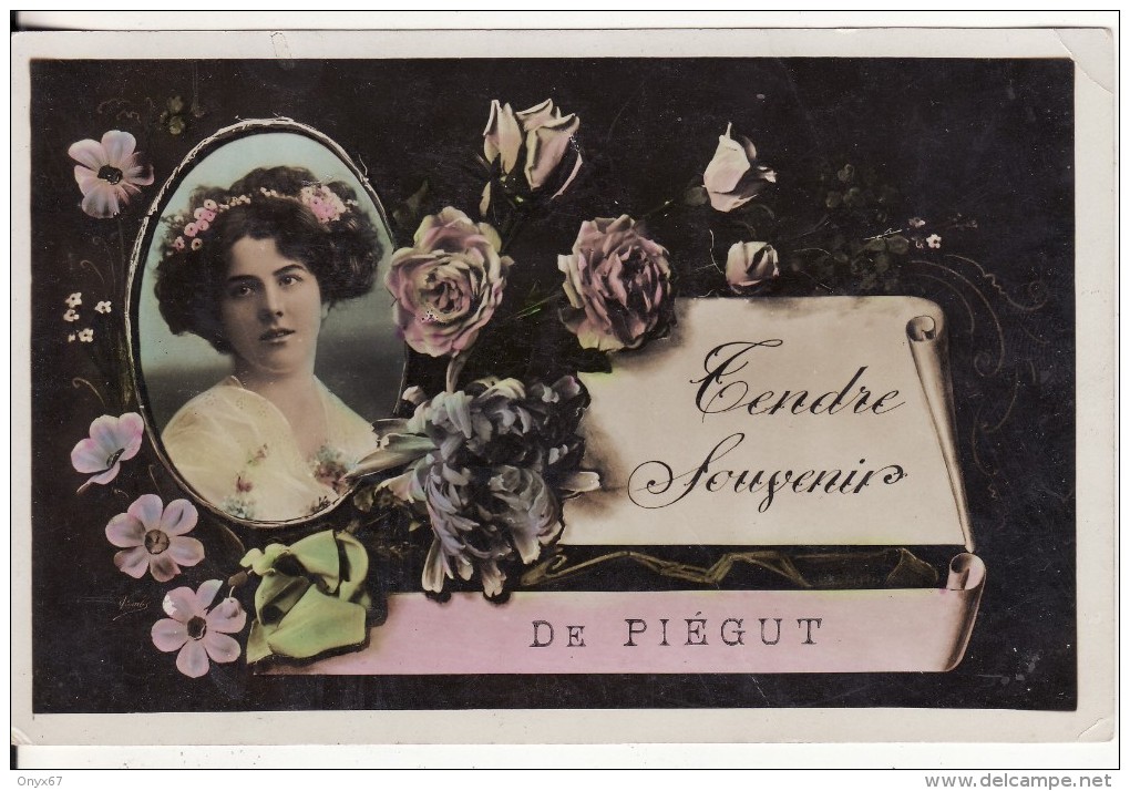 Carte Postale Fantaisie Tendre Souvenir De PIEGUT (Dordogne) Fleur - Ruban-Femme En Médaillon - VOIR 2 SCANS - Autres & Non Classés