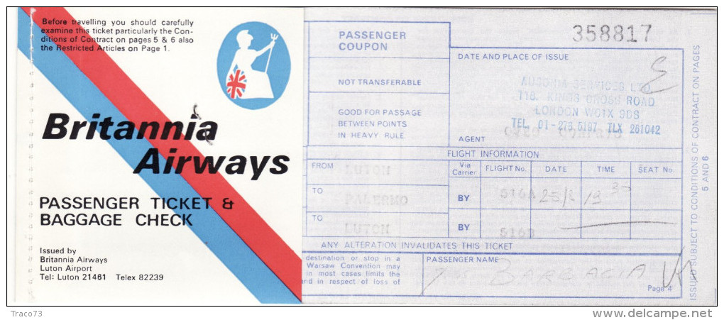 BRITANNIA  ARIWAYS   /   Ticket _ Biglietto Aereo - Europe