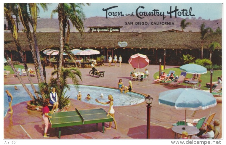 San Diego California, Town &amp; Country Hotel, Ping Pong, Pool, C1950s/60s Vintage Postcard - San Diego