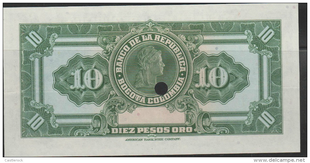 O)1950 COLOMBIA, BANK NOTE, 10 PESOS ORO, SPECIMEN WITHOUT NUMBER, PROOF, XF - Colombia