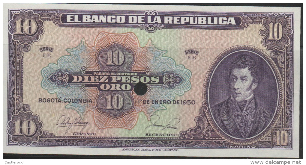 O)1950 COLOMBIA, BANK NOTE, 10 PESOS ORO, SPECIMEN WITHOUT NUMBER, PROOF, XF - Kolumbien