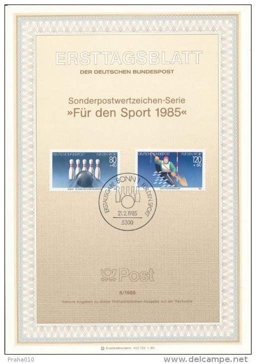 BRD / First Day Sheet (1985/05) 5300 Bonn 1: Bowling - 100 Years Of German Bowler Federation; Canoe World Championships - Bocce