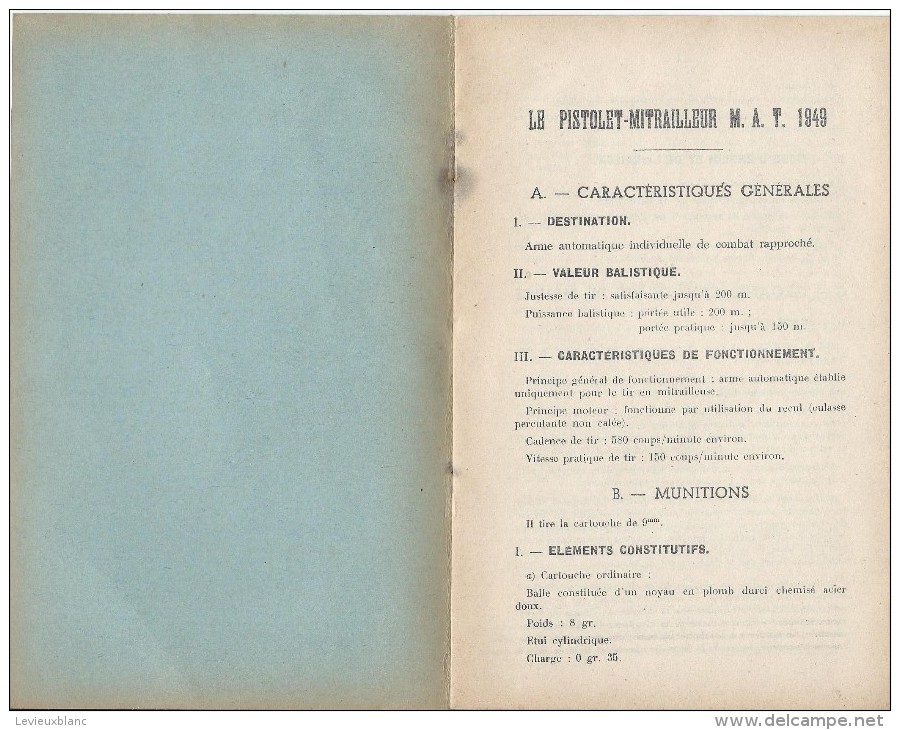 Manuel/ Ecole D´application De L´infanterie/Le Pistolet-Mitrailleur MAT 1949/Saint Maixent/ 1954  LIV51 - Autres & Non Classés