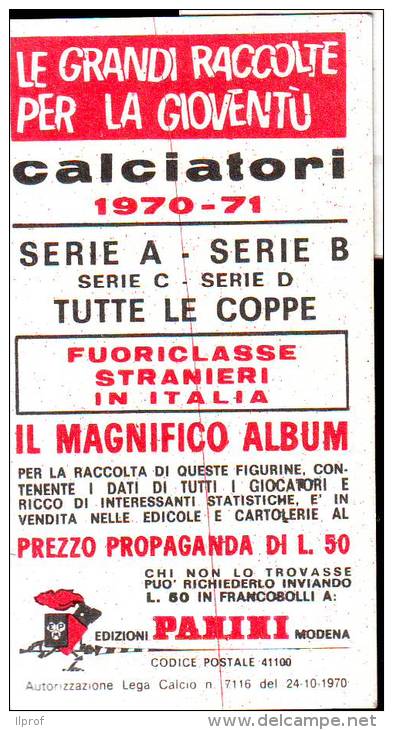 Squadra Bologna 1969-70 Figurina Panini NON Adesiva - Edizione Italiana