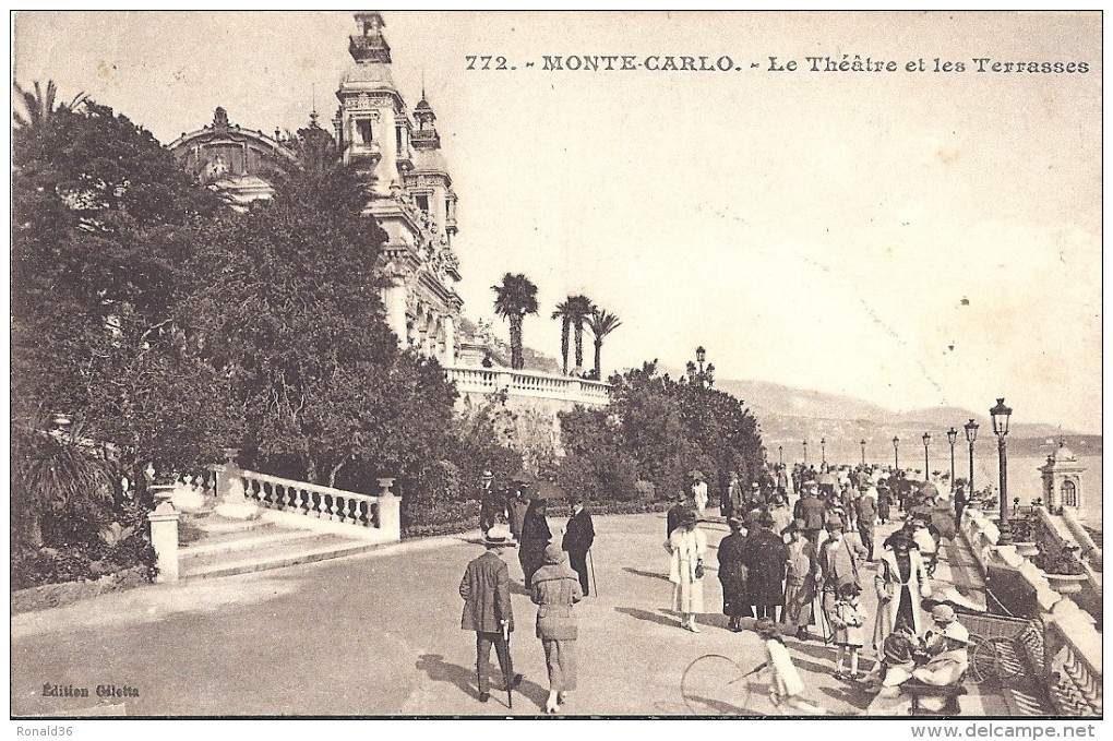 Cp MONACO MONTE CARLO Le Théatre Et Les Terrasses ( Timbre 10c Vert 8 OLYMPIADE 1924 PARIS ) - Las Terrazas