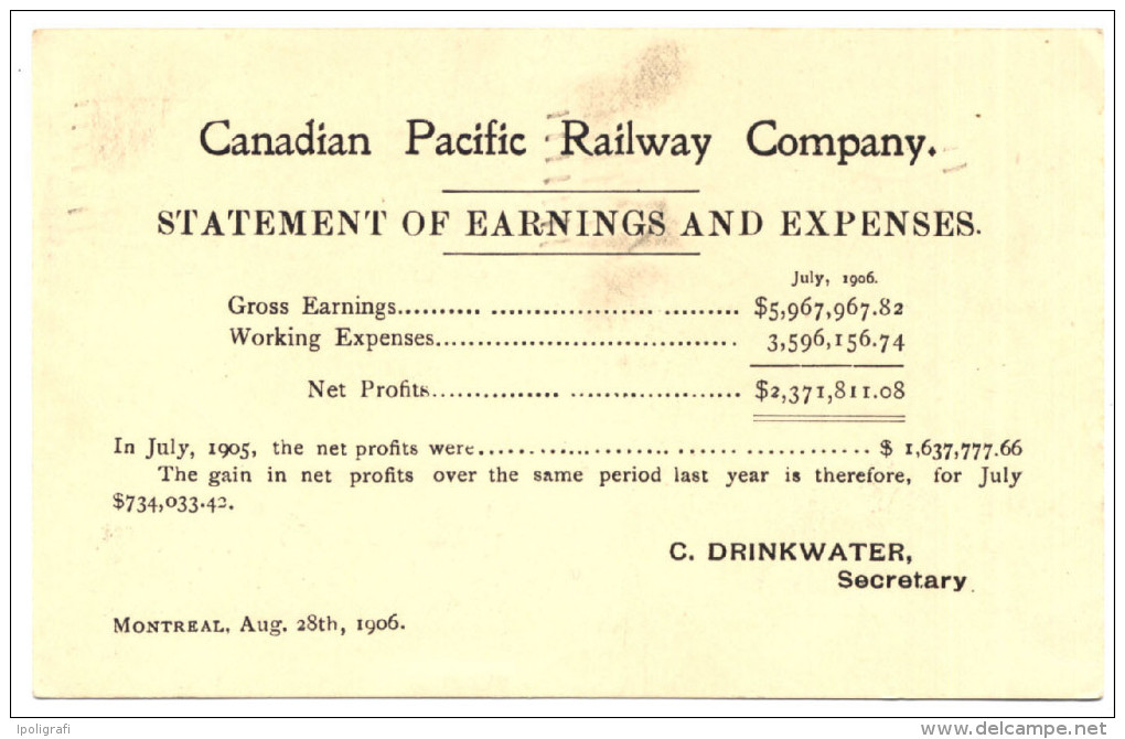 Canada 1906 Postal Card - Canadian Pacific Railway Company  - PP0066 - 1903-1954 Rois