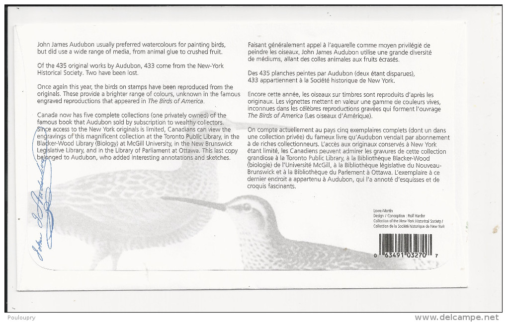 Lettre Du Canada De 2005 - FDC - Audubon - Alouette - Pluvier - Becasseau - Lagopède - Enveloppe - Autres & Non Classés