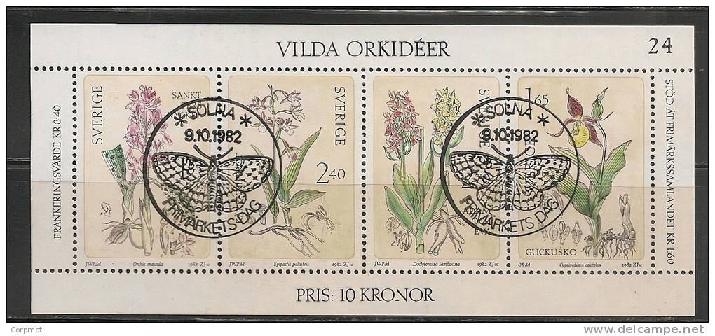 SWEDEN - 1982 - ORCHIDS - FLOWERS - SOUVENIR SHEET (with # 15) With BUTTERFLY First Day Cancel  Yvert #  Bl 10 - USED - Blocs-feuillets
