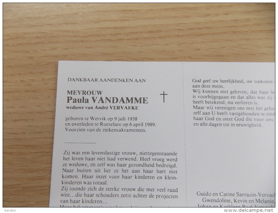 Doodsprentje Paula Vandamme Wervik 9/7/1938 Roeselare 6/4/1989 ( André Vervaeke ) - Religion & Esotericism