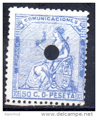 SPAIN 1874  Allegorical Figure Of  Peace  -   50c. - Blue   TELEGRAPH USED - Oblitérés