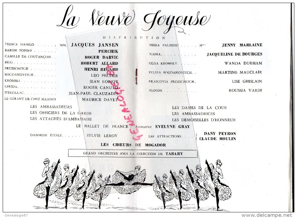 75 - PARIS - BEAU PROGRAMME THEATRE MOGADOR- LA VEUVE JOYEUSE-HENRI VARNA- EPERNAY DE CASTELLANE- JANSEN DUVAL-1957 - Programmi