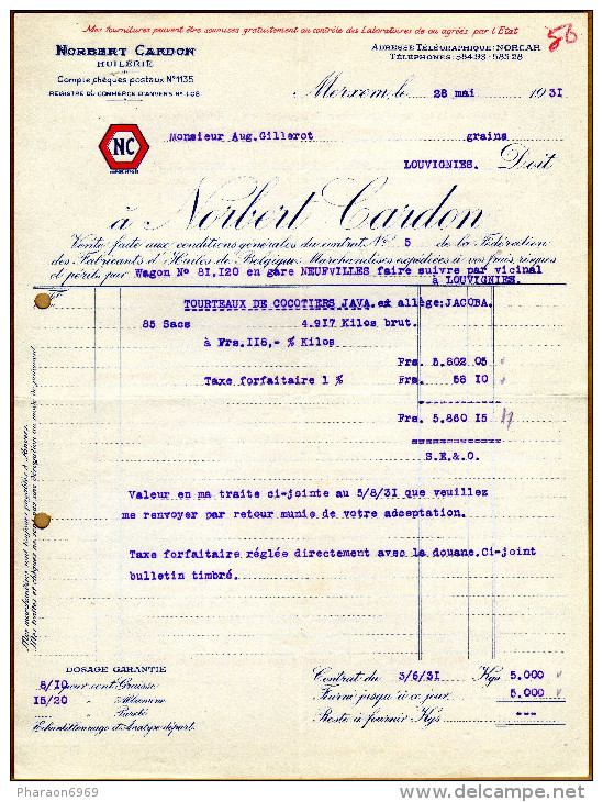 3 Factures Norbert Cardon Huilerie Merxem 1931 Tourteaux De Cocotiers - 1900 – 1949