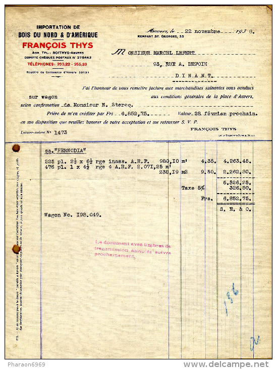 Facture Importation De Bois Du Nord & D'Amérique François Thys Boithys Anvers - 1900 – 1949