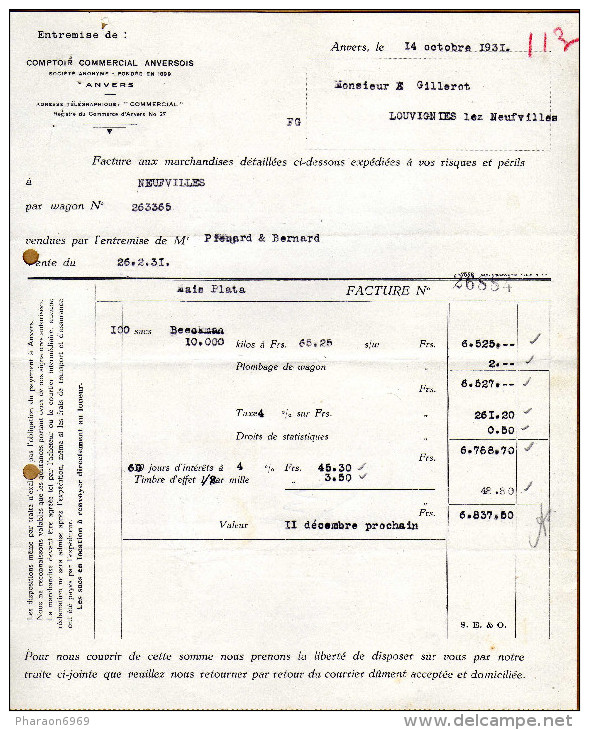 2 Factures Comptoir Commercial Anversois Anvers - 1900 – 1949