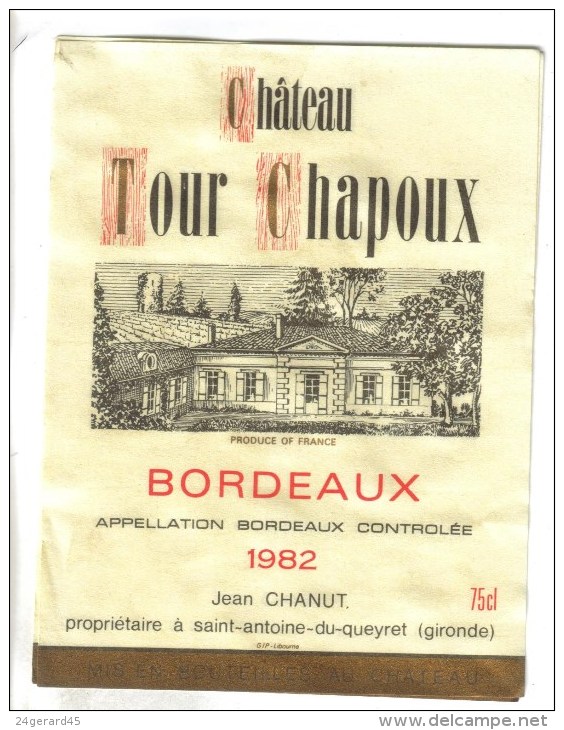 PUBLICITE BISTROT 2 ETIQUETTES VIN BORDEAUX - Chateau Tour Chapoux 1982 - Bordeaux