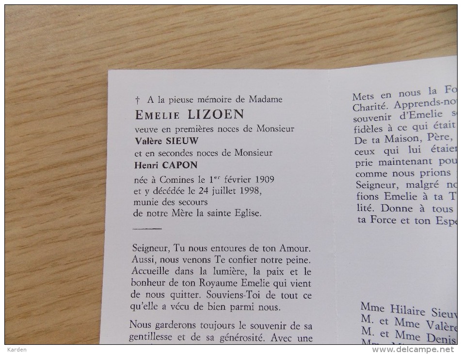 Doodsprentje Emelie Lizoen Komen 1/2/1909 - 24/7/1998 ( Valère Sieuw En Henri Capon ) - Religione & Esoterismo