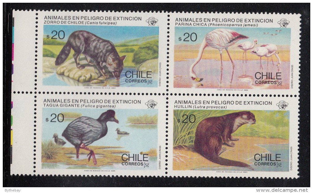 Chile MNH Scott #693 Block Of 4 Wolf, Flamingo, Duck, Otter - Endangered Species - Chili