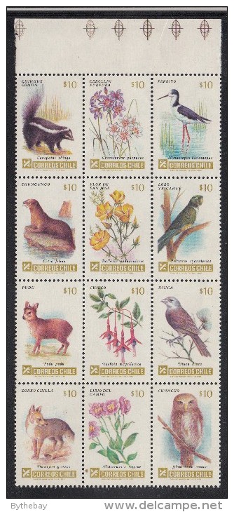 Chile MNH Scott #686 Block Of 12 Flora And Fauna - Skunk, Owl, Fuchsia, Otter, Parrot, Etc - Chili