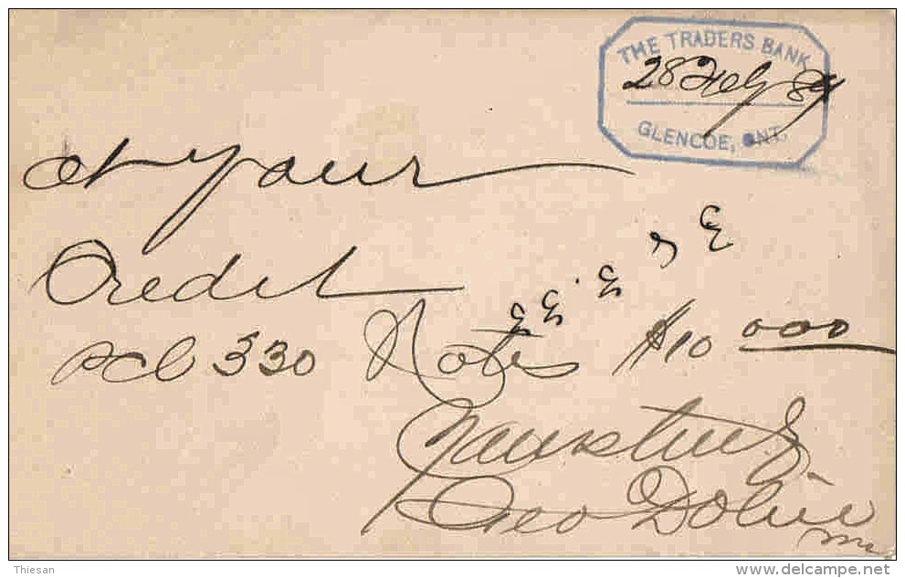 Canada Entier Stationary Ganzache 1889 Lettre Cover Brief Banque Bank Banco - Briefe U. Dokumente