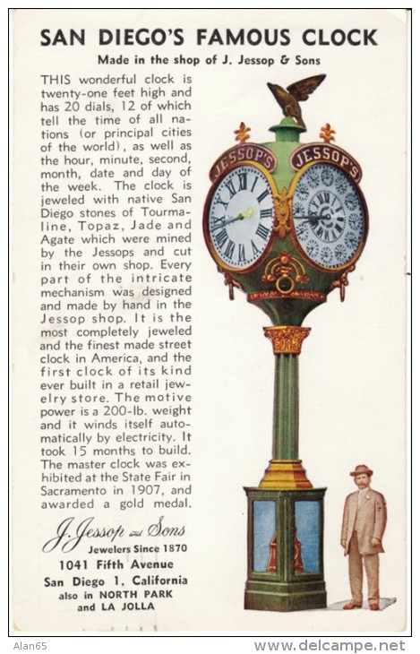 San Diego California, J. Jessop &amp; Sons Famous Clock, Jeweler Advertisement, C1900s/50s? Vintage Postcard - San Diego