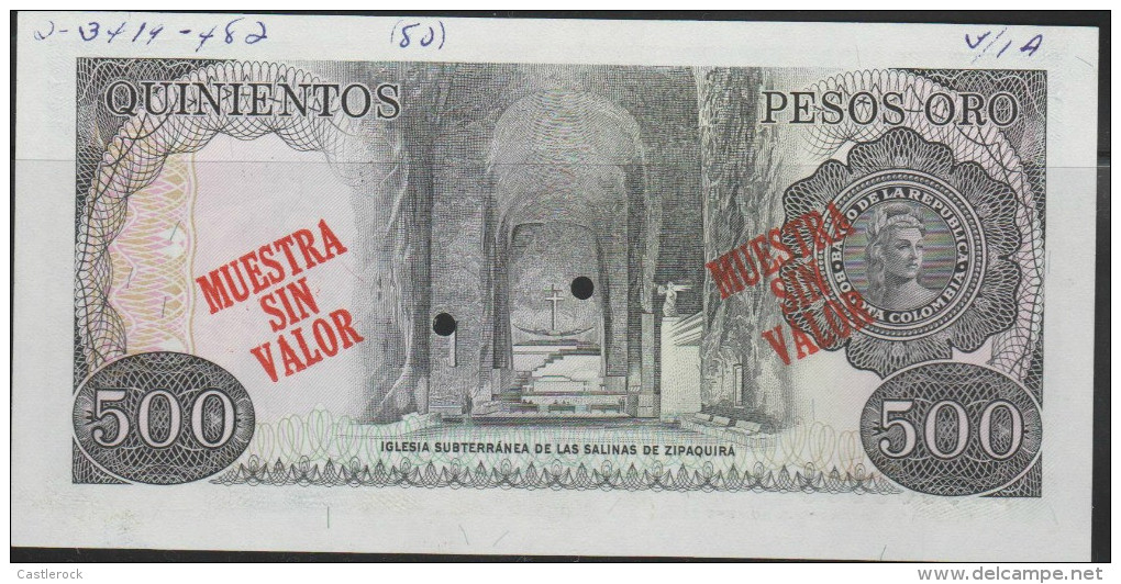 O)1979 COLOMBIA, SPECIMEN, BANKNOTE, 500 PESOS ORO, SAMPLE WORTHLESS, THE UNDERGROUND CHURCH OF ZIPAQUIRA SLAINA, NUMBE - Colombie