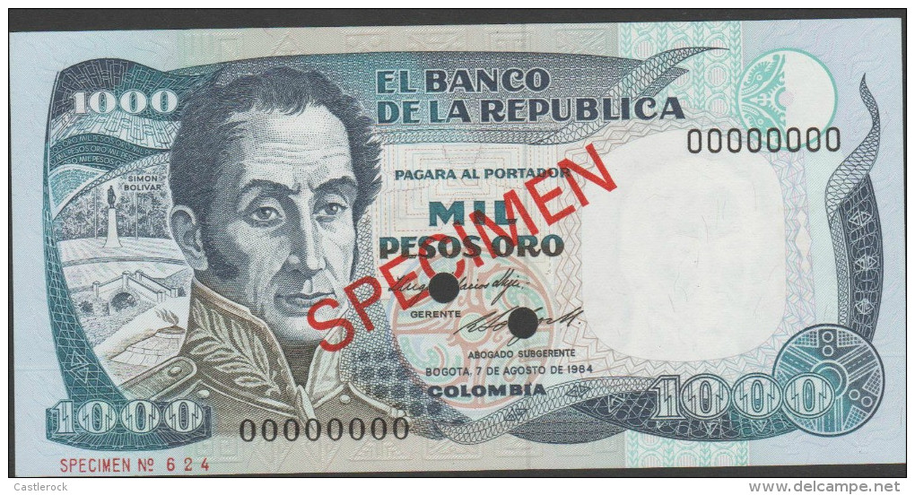 O) 1984 COLOMBIA, BANK NOTE, 1000 PESOS ORO, SPECIMEN, NUMBER 00000000, XF - Kolumbien