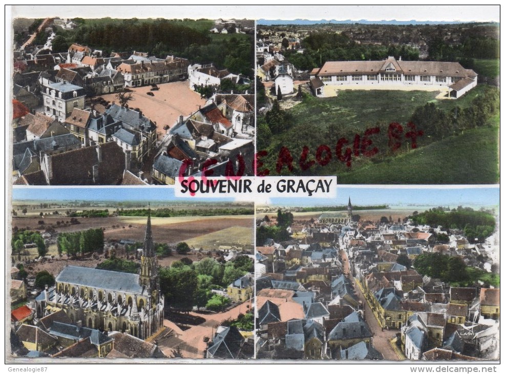 18 - SOUVENIR DE GRACAY - PLACE DU MARCHE-EGLISE ROMANE-NOTRE DAME DE GRACAY- VUE GENERALE - Graçay