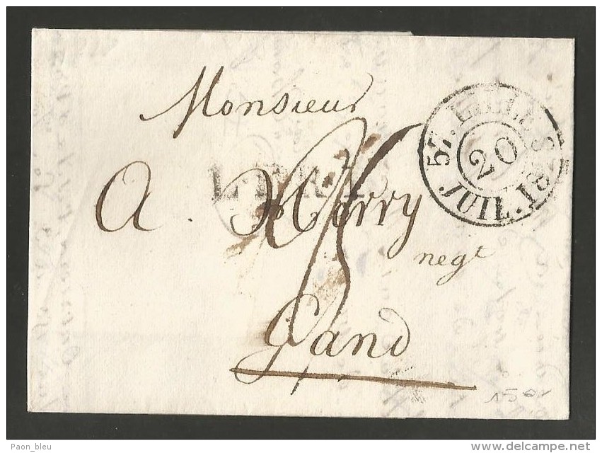 France - LAC Du 19/07/1828 De Lille (cachet DC Lille) Vers Gand Cachet Noir LFR1 Taxée 25 Décimes + FRANKRYK OVER MENEN - 1801-1848: Precursors XIX