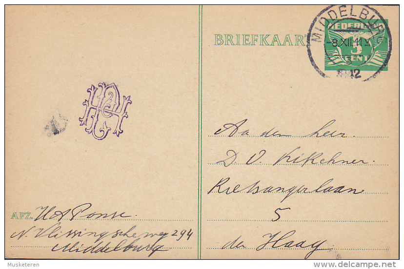 Netherlands Postal Stationery Ganzsache Entier 5 C Ziffer MIDDELBURG 1942 To DEN HAAG (2 Scans) - Postwaardestukken