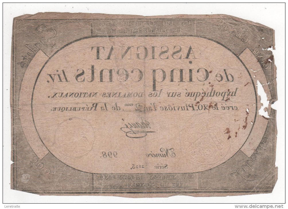 -  Assignat De 500 Livres , Série 2125 Du 20 Pluviose De L'an II, N° 998 ,  Signé Manjé ( 8 Février 1794) - Assignate