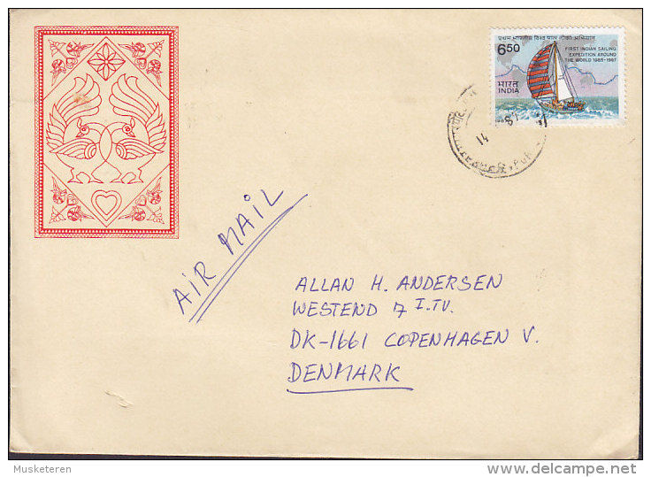 India Airmail Par Avion NEW DELHI 1987 Cover To Denmark Sailing Around The World Stamp - Airmail