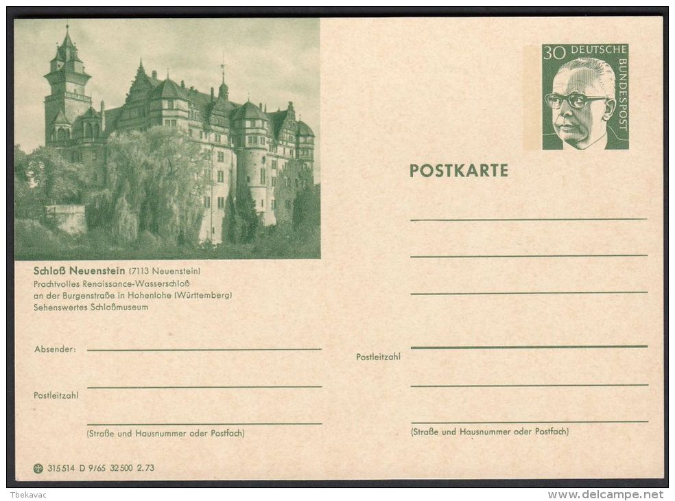 Germany 1973, Illustrated Postal Stationery "Castle Neuenstein", Ref.bbzg - Cartoline Illustrate - Nuovi