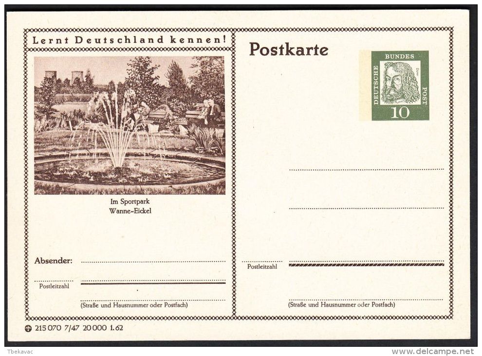 Germany 1962, Illustrated Postal Stationery "In The Sports Park Tub Eickel", Ref.bbzg - Cartes Postales Illustrées - Neuves