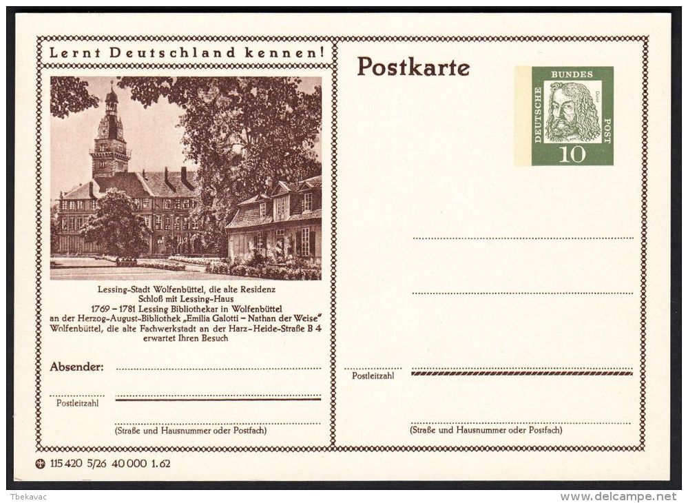 Germany 1962, Illustrated Postal Stationery "Town Of Wolfenbüttel", Ref.bbzg - Cartes Postales Illustrées - Neuves