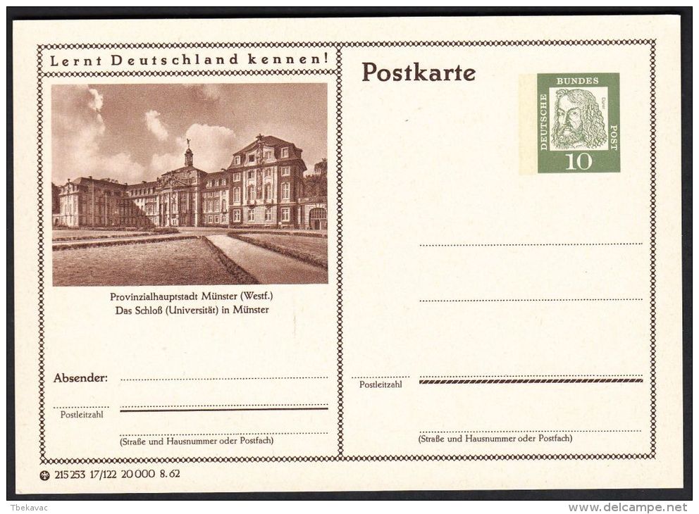 Germany 1962, Illustrated Postal Stationery "Provincial Capital Münster - Castle", Ref.bbzg - Illustrated Postcards - Mint