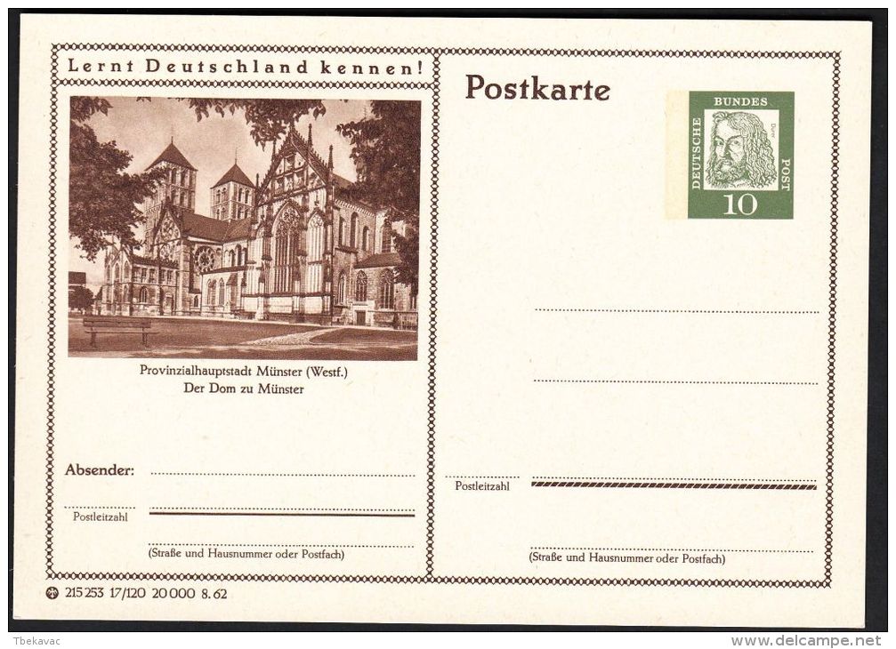 Germany 1962, Illustrated Postal Stationery "Provincial Capital Münster - The Cathedral Of Munster", Ref.bbzg - Postales Ilustrados - Nuevos