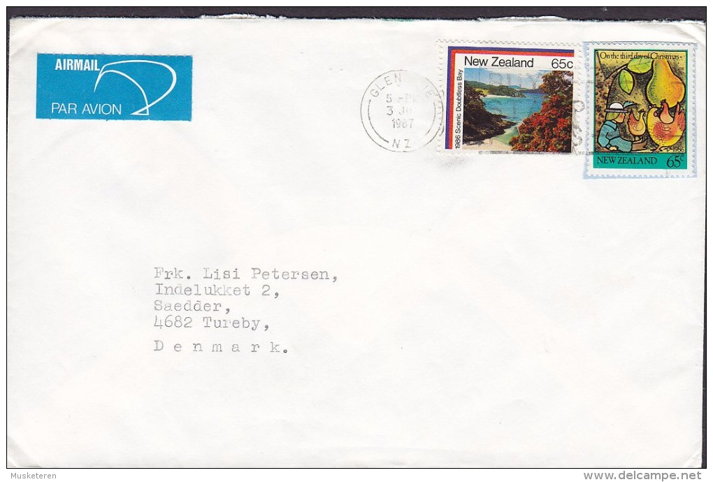 New Zealand Airmail Par Avion Labels GLENDALE 1987 Cover TUREBY Denmark Doubtless Bay & Reused Christmas Stamp (2 Scans - Corréo Aéreo