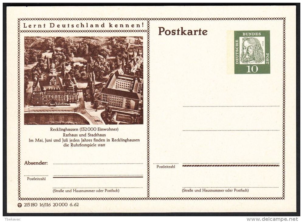 Germany 1962, Illustrated Postal Stationery "Recklinghausen - Town Hall And Town House", Ref.bbzg - Cartoline Illustrate - Nuovi