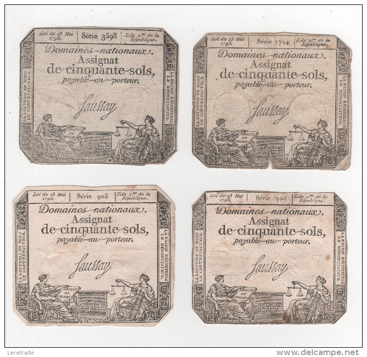 - Lot De 4  Assignat De 50 Sols, Loi Du 23 Mai 1793 AN 2éme De La République, Signé Saussay - Assignate