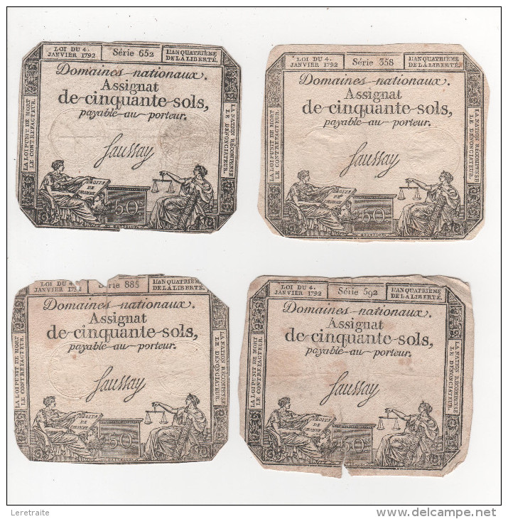 - Lot De 4  Assignat De 50 Sols, Loi Du 4 Janvier 1792, AN 4éme De La République, Signé Saussay - Assignats & Mandats Territoriaux