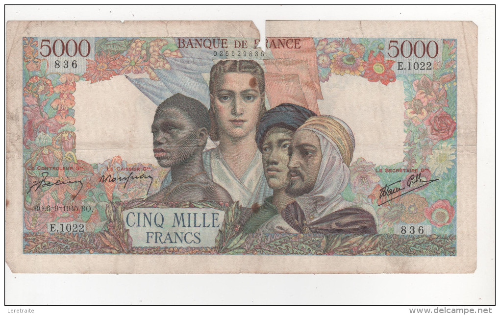 - Billet De 5000 Francs Du 6-9-1945 - 5 000 F 1942-1947 ''Empire Français''
